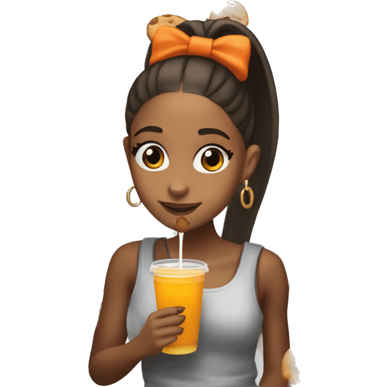 Ariana Grande with dark brown skin, holding a cookie in her left hand and orange juice in the other emoji