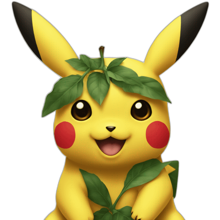 pikachu with tattoo of four black leafs without textures in an invisible square pointing into corners on forehead. leafs being black without texture emoji