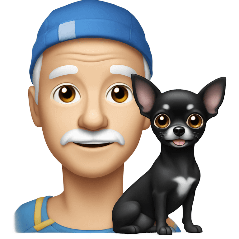 cute black long fur Chihuahua held by old blue eyes man with goatee and ball cap emoji