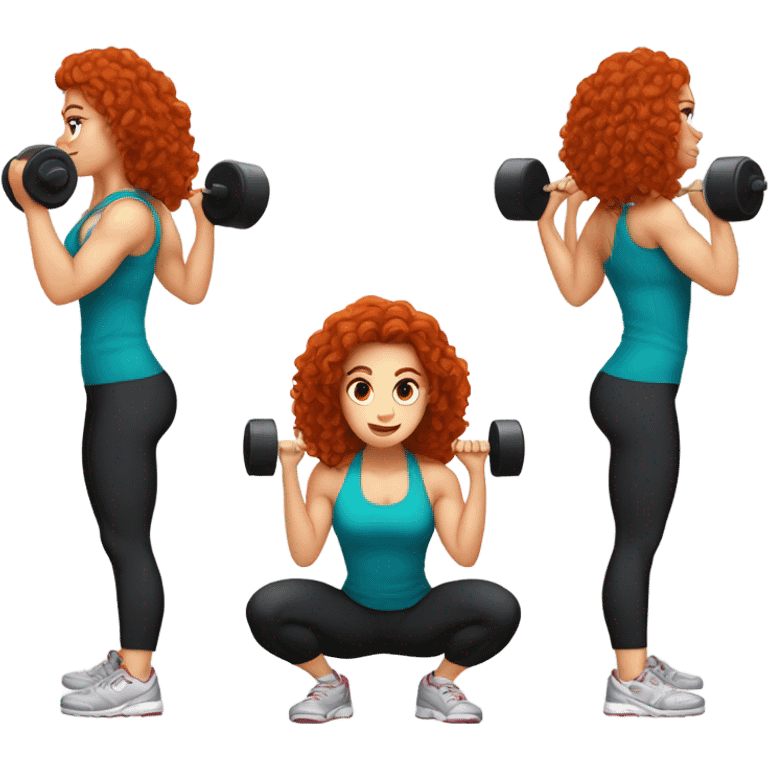 Sporty white Girl coach with long curly red hair doing squat with heavy weights emoji