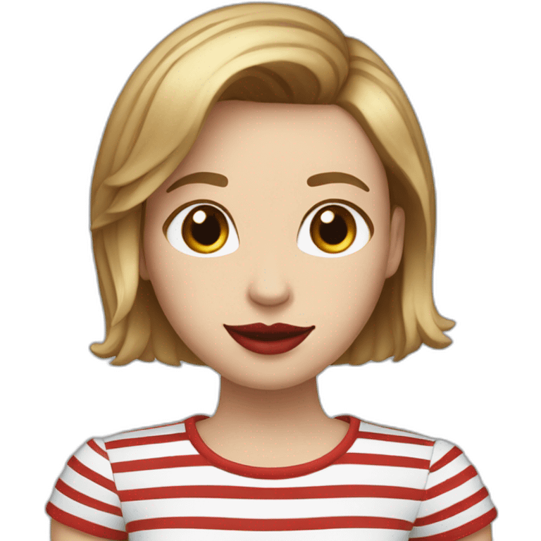 white woman with red lips, brown hair, bob haircut, braces on teeth, blue and white striped t shirt emoji