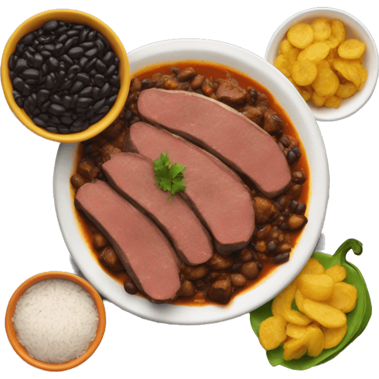 A plate with cooked meat in sauce , rice and fry plantains and black beans emoji