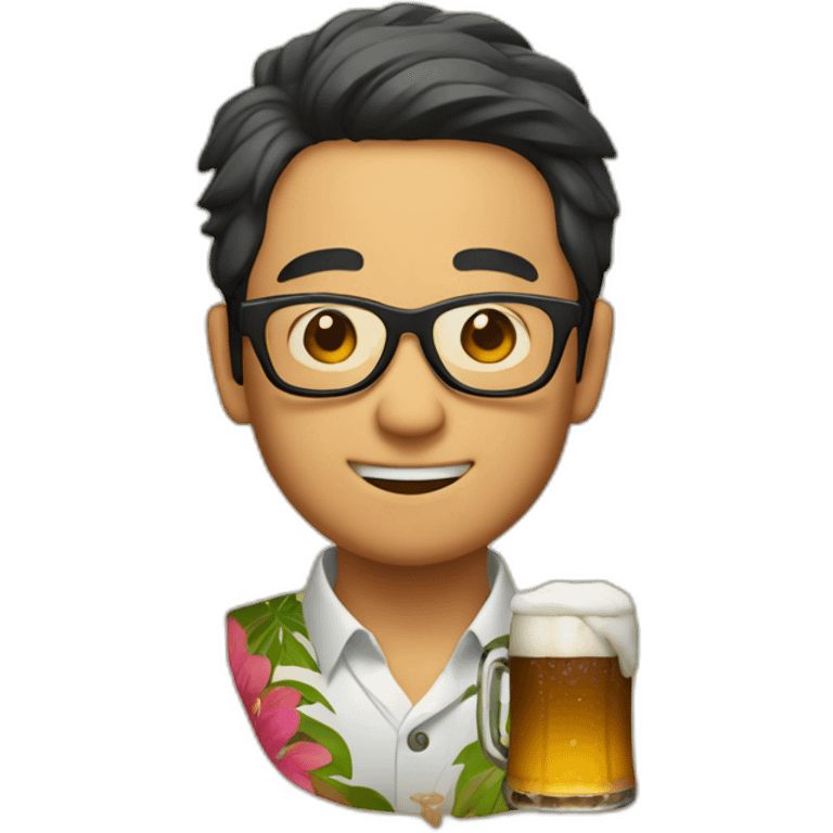 Japanese wearing glasses alohashirt is holding beer emoji