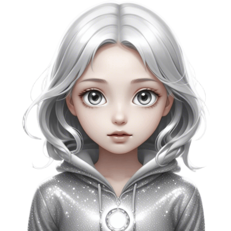 Cinematic girl with large sparkling eyes, Ultra realistic 32k HD, Breathtaking piece of art, rim lighting, hauntingly beautiful art, mostly greyscale, Balanced features, highly detailed digital artwork, glowing with silver light, glowing, high shine, deviant adoptable, highly detailed clothing, remembrance, a painting of white silver, fanciful, enchanting, ghostly, embodying the essence of both reality and fantasy, dreamy, dreamy glow, optical illusion, immaculate composition, complex pose, air composition. The image is so lifelike that it feels as though it could leap off the canvas at any moment emoji