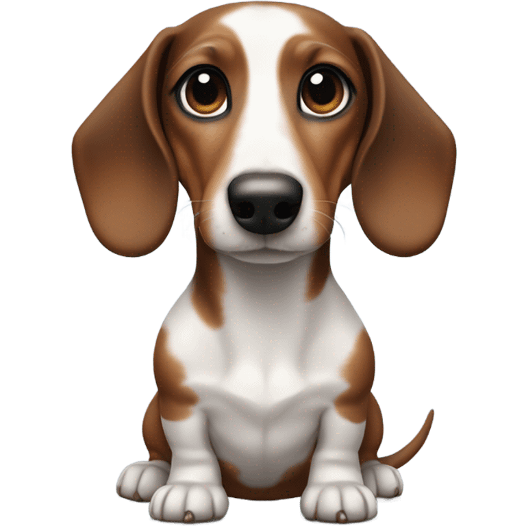 a dachshund, features a smooth coat with a white body patterned with dark brown patches and a brown head shaded with darker tones. With one blue eye  emoji