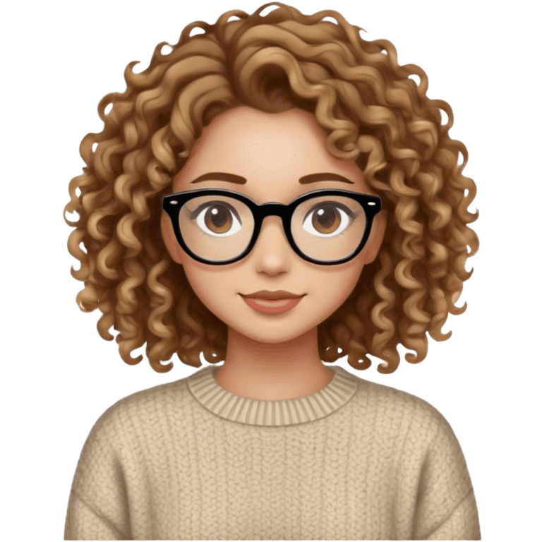 Girl with black glasses with light skin and light makeup and slight smile with brown curly hair with blond highlights in a stylish sweater emoji