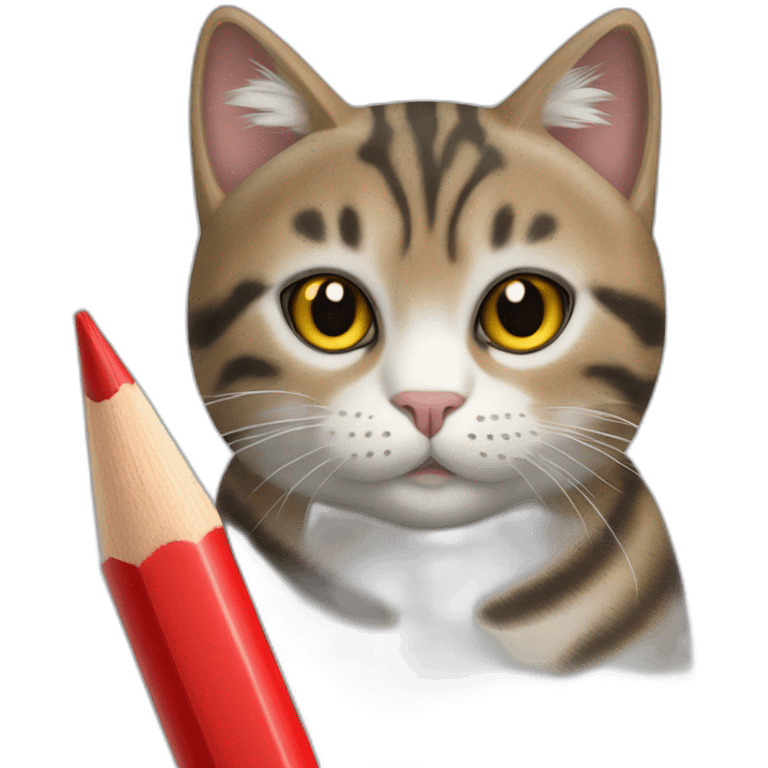 mackerel tabby cat holding a red pencil emoji