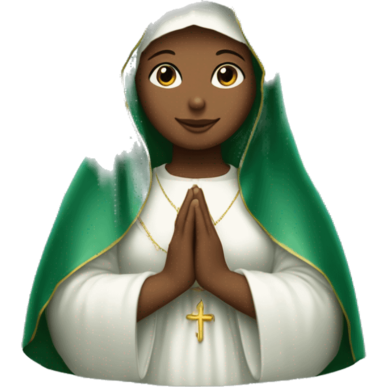 Certainly! Here’s a shorter description:  ---  **Virgin Mary:** Serene and kind face. Wearing an emerald green  robe and white veil. Hands in prayer or blessing. Halo around her head. Often standing on a crescent moon.  emoji