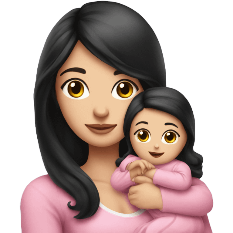 Beautiful Russian lady very long black hair pink clothes holding baby  emoji