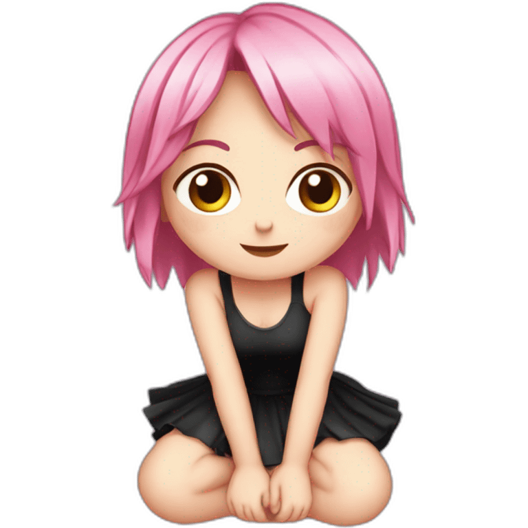 Full body Front view curvy emo girl pink hair sits on the floor straight view hands up black skirt полосатые рваные чулки emoji