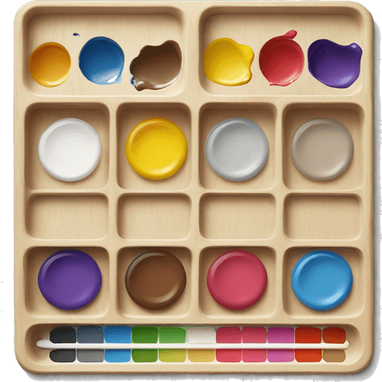 wooden painting palette, paint mixing tray with applied paint colors emoji