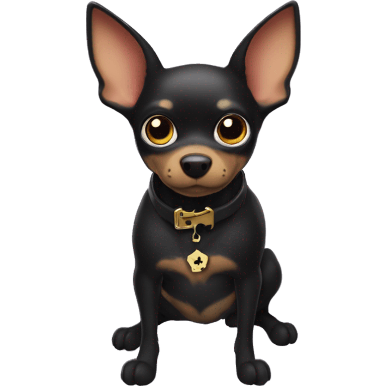 Minature pincher wearing a black collar that has a bone shaped tag on it witch Batman logo  emoji