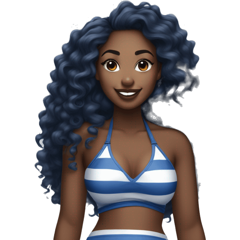 Black curvy woman with long curly and a blue and white striped halter top full body, naval piercing, dimples and lip gloss emoji