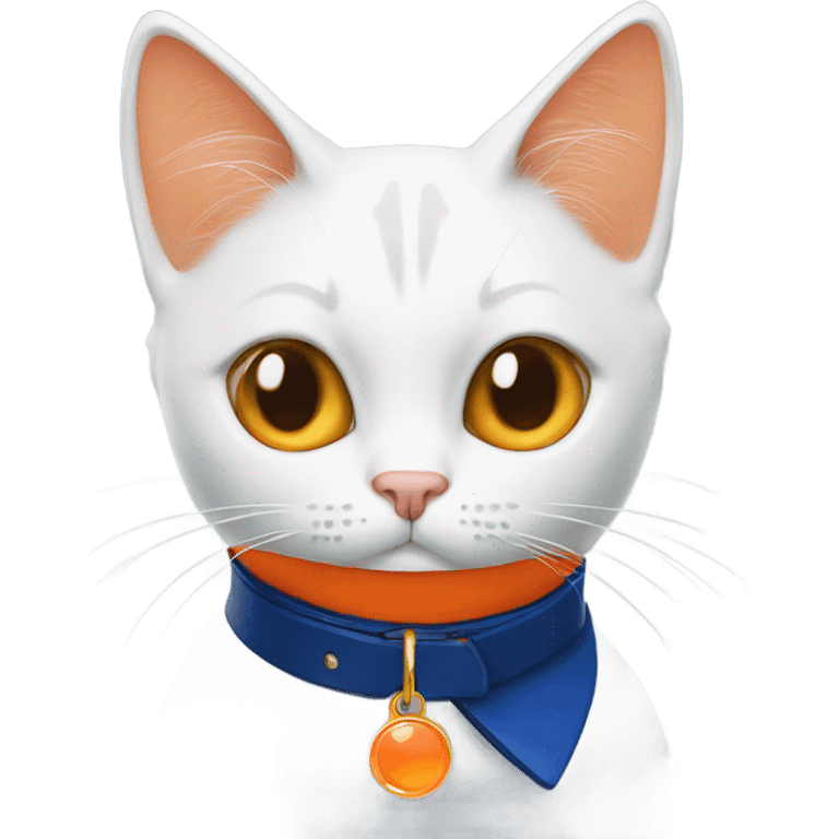 white and orange cat with dark blue collar with orange pendant emoji