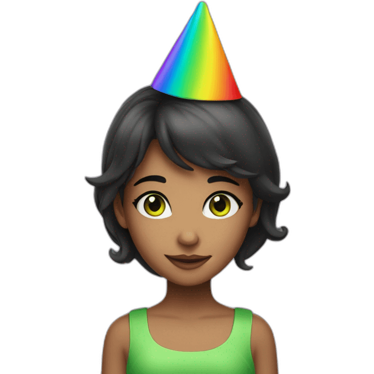 girl with dark hair and green eyes in rainbow party hat  emoji