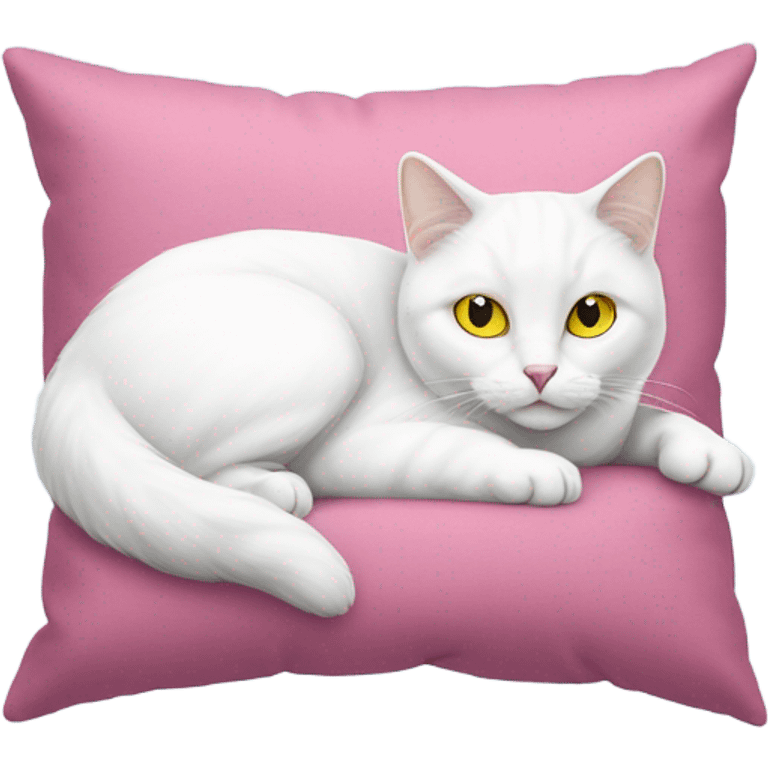 Realistic white cat with yellow eyes laying on pink pillow  emoji