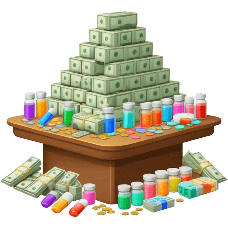 Table covered in drugs and money emoji