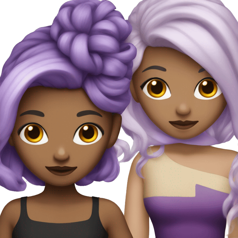 Girl with split dyed hair; black and blond with a purple dress emoji