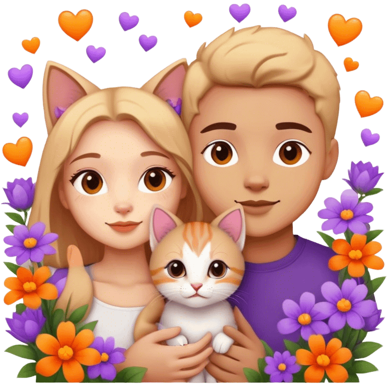 Cute couple next to a cute kitten surrounded by purple and orange flowers and hearts  emoji