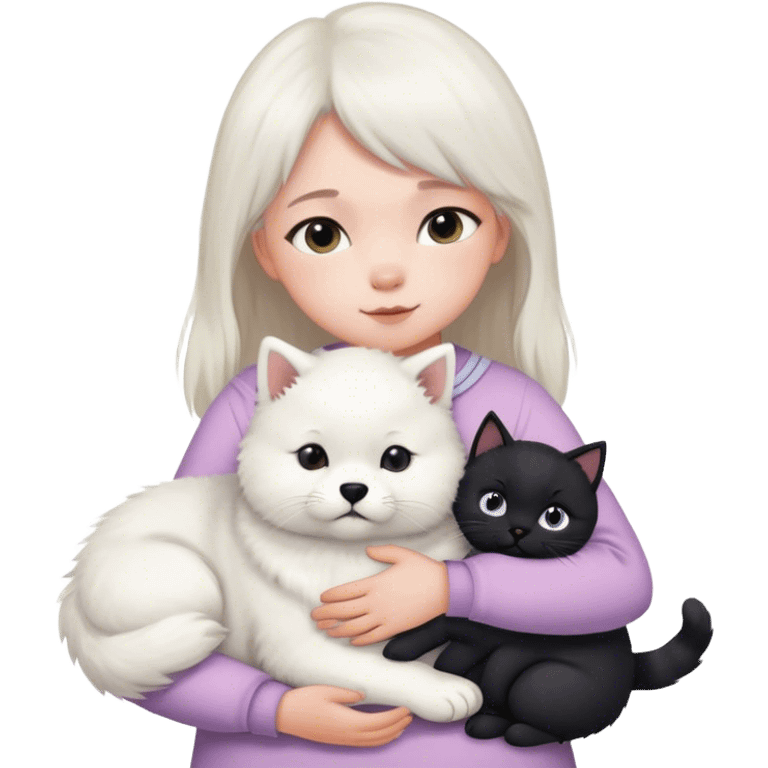 Samoyed and black British cat hug children in pastel clothes emoji