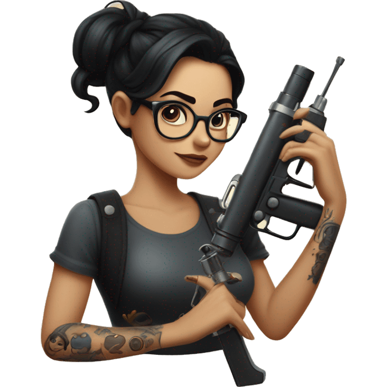 dark haired girl with glasses and a tattoo gun in one hand and a book in the other with the european stars circle in the background emoji