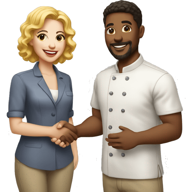 restaurant owner and blogger shaking hands, both with light skin, in great detail emoji