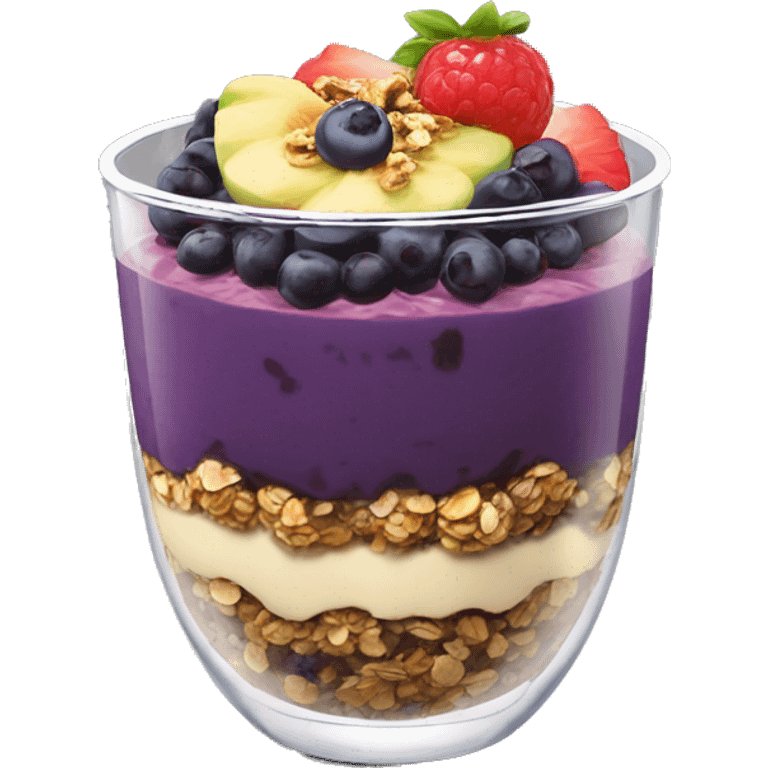 Açaí in a clear cup with layers of fruits and granola and condensed milk emoji