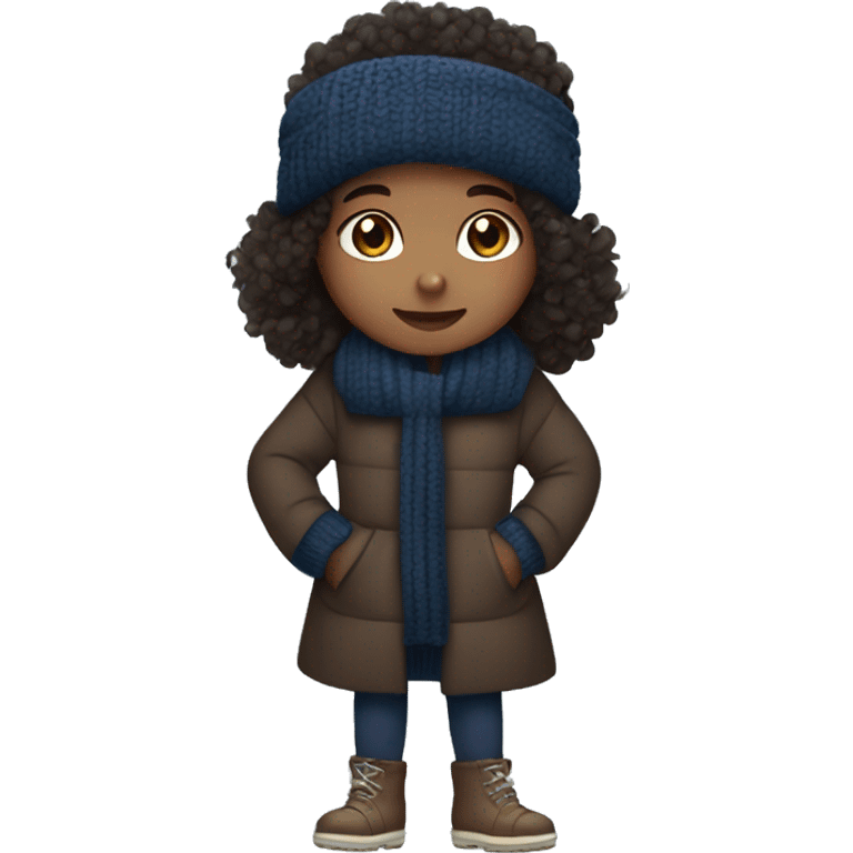 winter, christmas, hispanic, afro hair,  girl, brown eyes, child, full body, dark blue winter sweater, coat, headband emoji