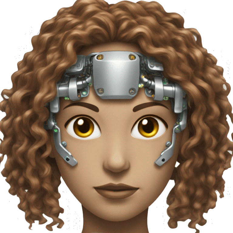 female cyborg head with metallic plated face, long brown curly hair and circuitry emoji