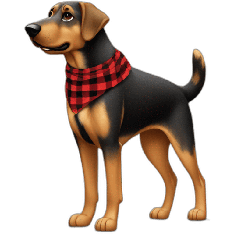 adult 75% Coonhound 25% German Shepherd mix dog with visible tail wearing small pointed red buffalo plaid bandana full body walking left emoji