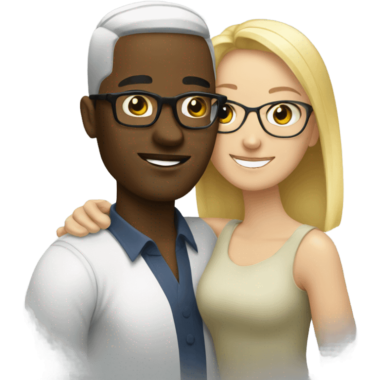 Blond woman hugging black man with glasses emoji