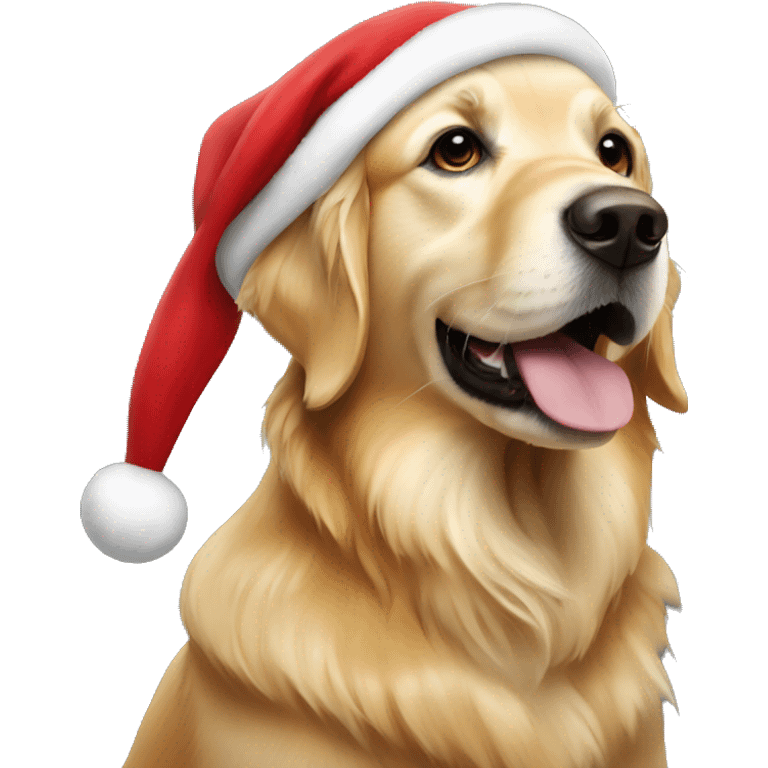 Golden retriever wearing a Santa hat emoji