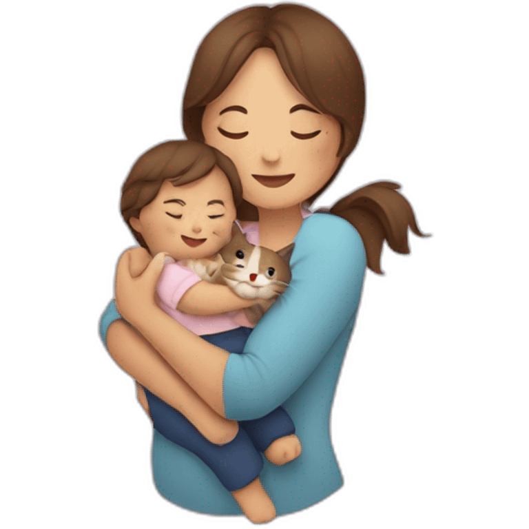 a mom cuddling with a cat and a baby emoji