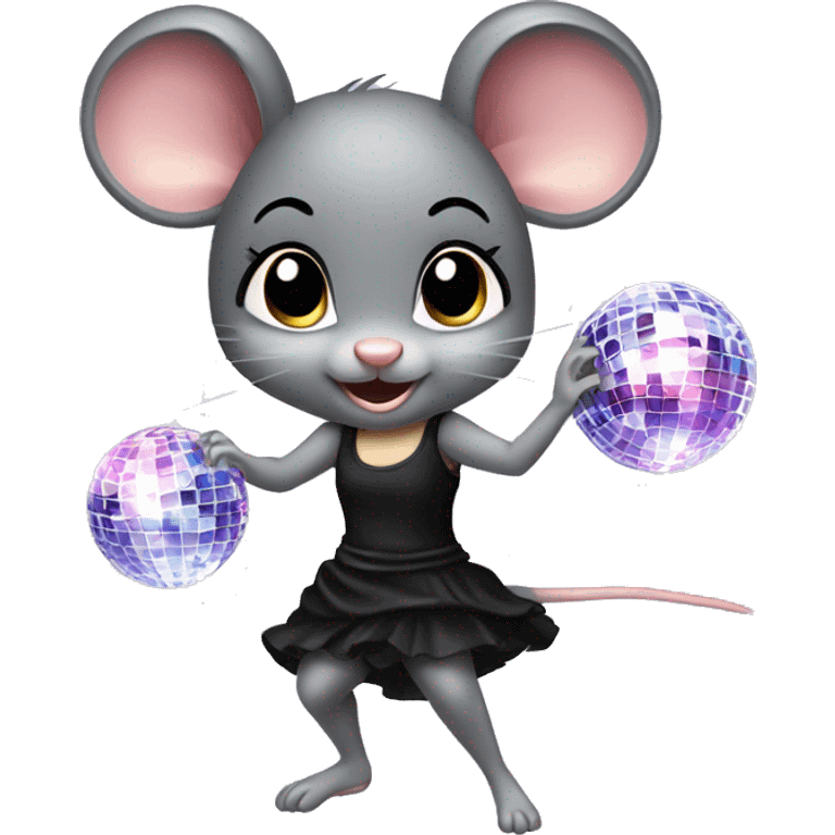 A cute girl mouse wearing a short black dress dancing under a disco ball emoji