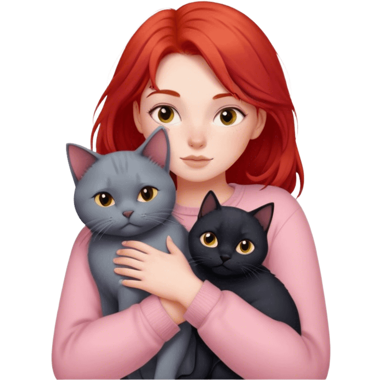 
a girl with red hair in pastel clothes hugs a black British cat emoji