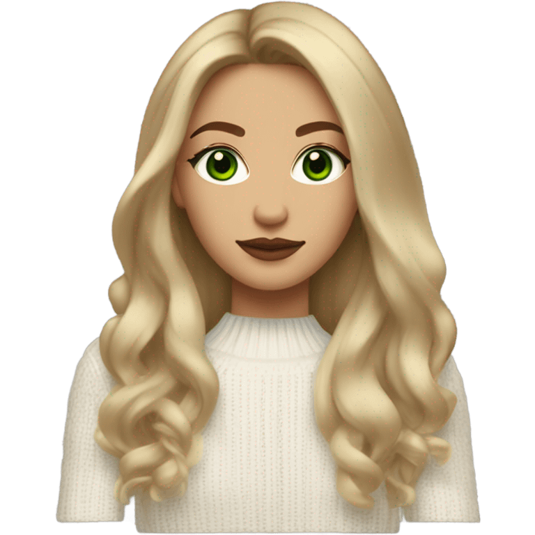 light medium skin, high cheekbone, solo dark blonde girl with green eyes, medium bust, white sweater, long blow out hair, baddie, middle part, sultry emoji