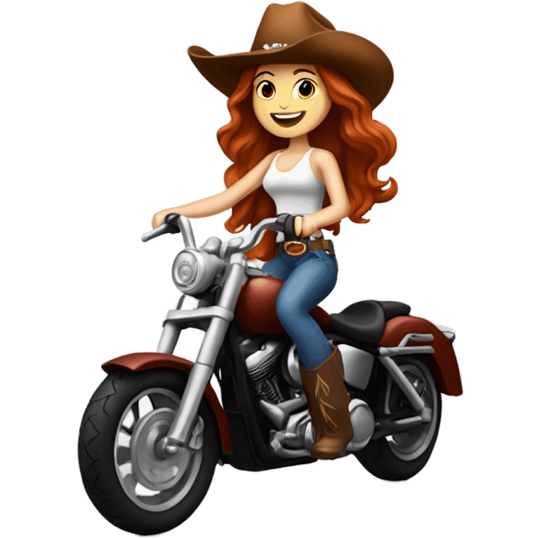 Long wavy haired Redhead with a cowboy hat and boots riding a Harley  emoji