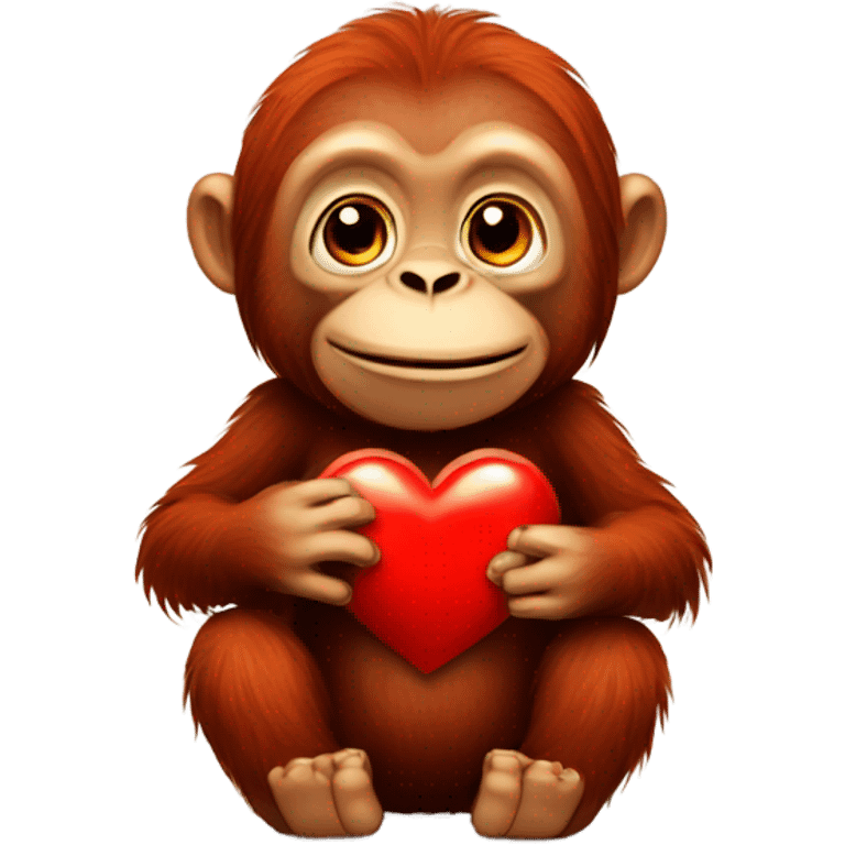 Cute orangutan holding red heart emoji