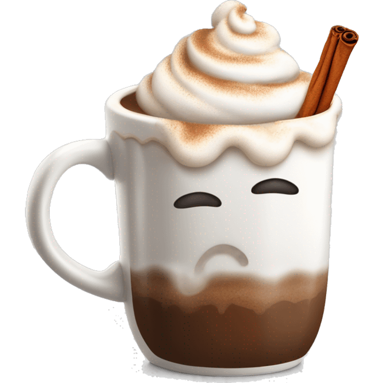 “A white mug of hot chocolate with whipped cream, a cinnamon stick, and steam rising.” emoji