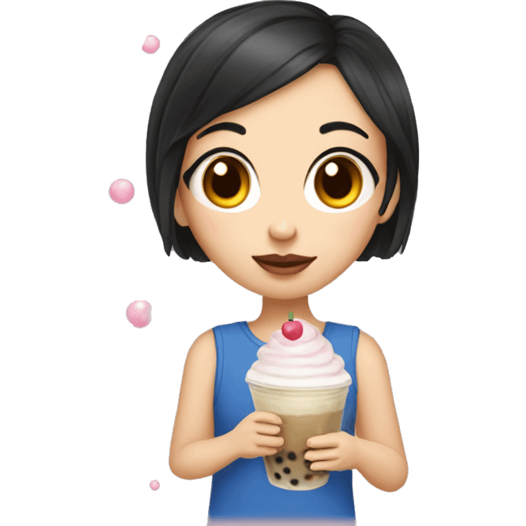 girl with short dark hair with bubble tea and cake emoji