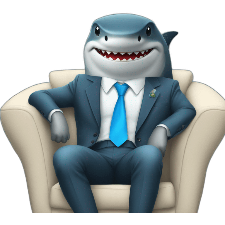 A shark wearing a suit looking straight while sitting in a chair with a blue tie emoji