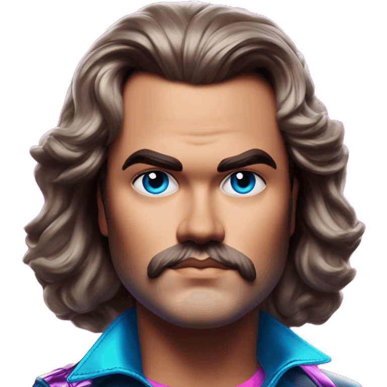 Synthwave Jack Black in Barbie style, oil paint, epic eyes, intricate lips, exquisite pose, beautiful, desirable, logical emoji