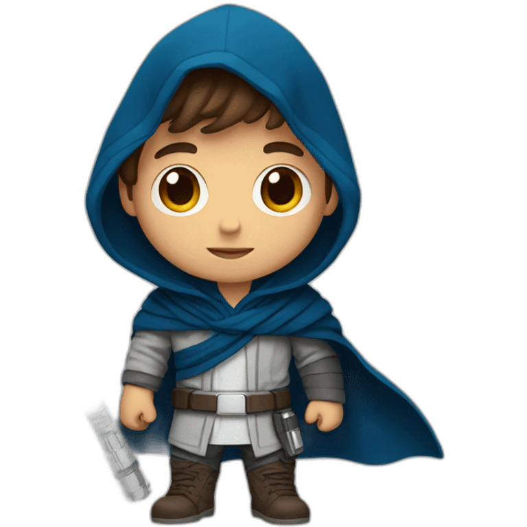 Boy with hoodie, Brown hair, blue enes and lightsaber emoji