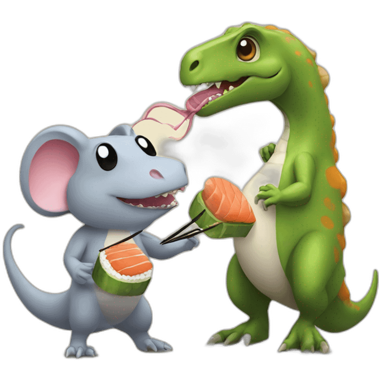 dinosaur and a rat eating sushi together emoji