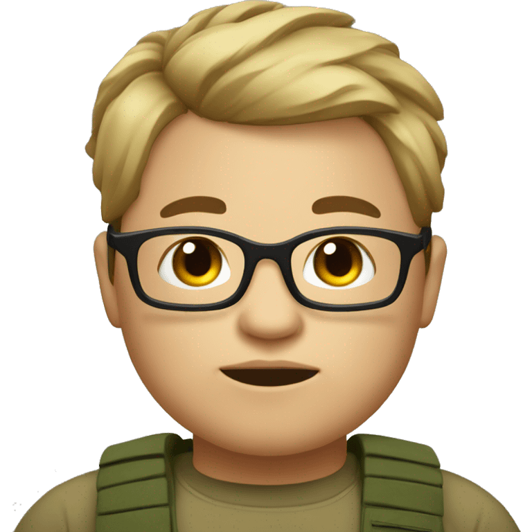 A litle chubby  boy with army style  hairs and transparent specs emoji