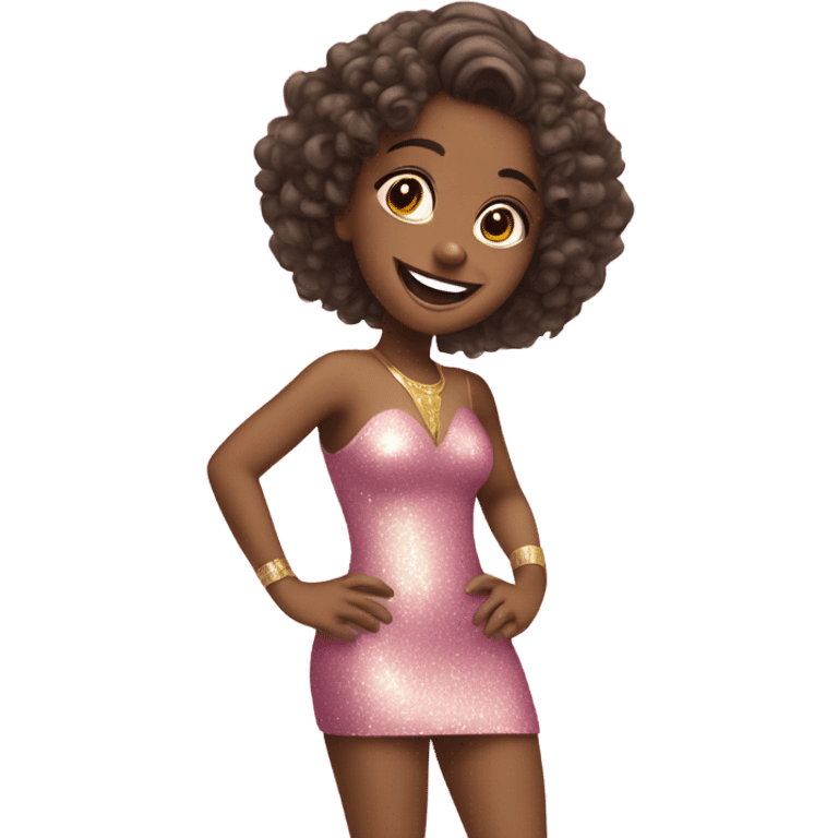 smiling girl in sparkly pink tight dress and gold heels  emoji