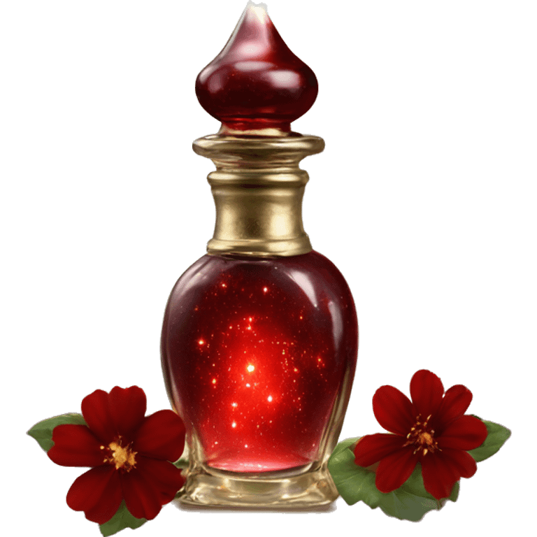 Dark red magic fairy light sparkling old Antique oil perfume bottle with herbal and flowers emoji