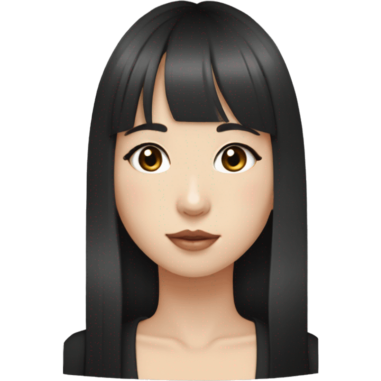 Korean girl, black hair, black eyes, long hair, hime cut, blunt bangs, small silver hoop earrings emoji