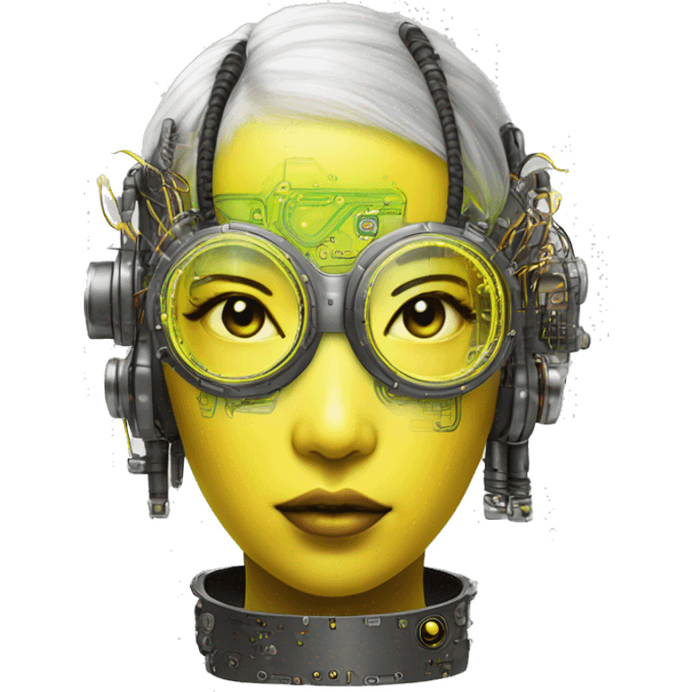 Neon yellow bobbed hair Asian female cyborg head with silver steampunk goggles and circuits emoji