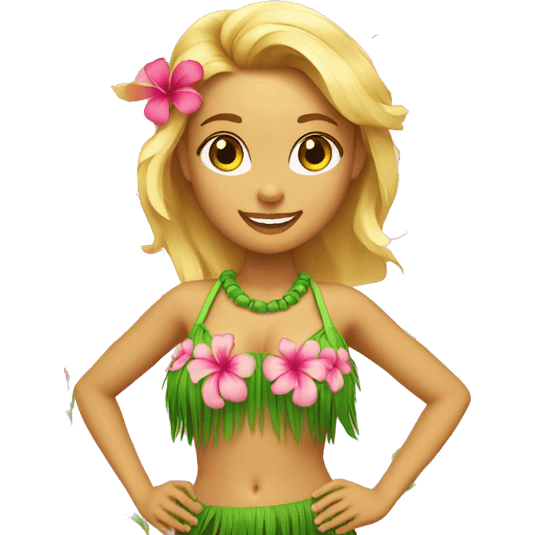 Hawaiian hula dancer girl with blonde hair, pink bikini top, a green grass skirt and a pink flower in her hair emoji